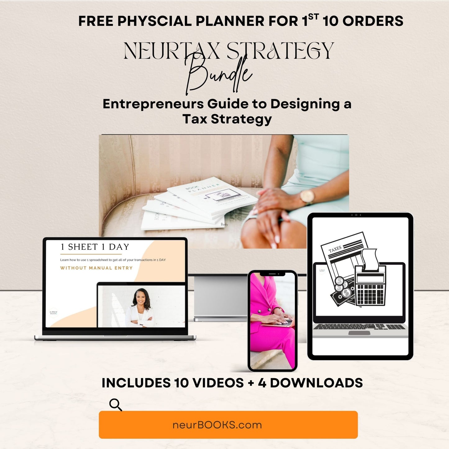 Advertisement for Neurtax Strategy Bundle with laptop, phone, and tablet on a light background